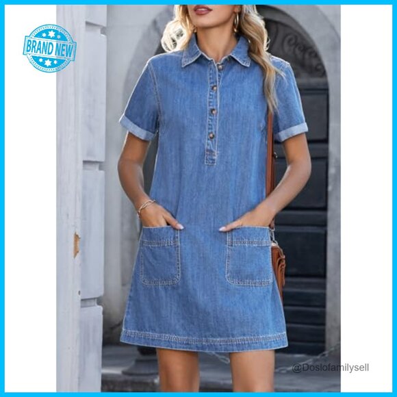 Denim Button Down Shirt Dress Casual Chic A-Line Summer Mini Dress - Picture 4 of 7